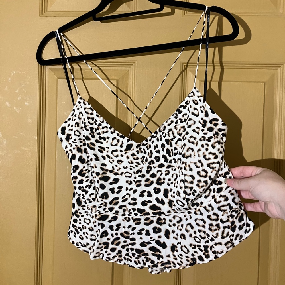 Forever 21 leopard cheetah print crop top peplum strap oh back large L